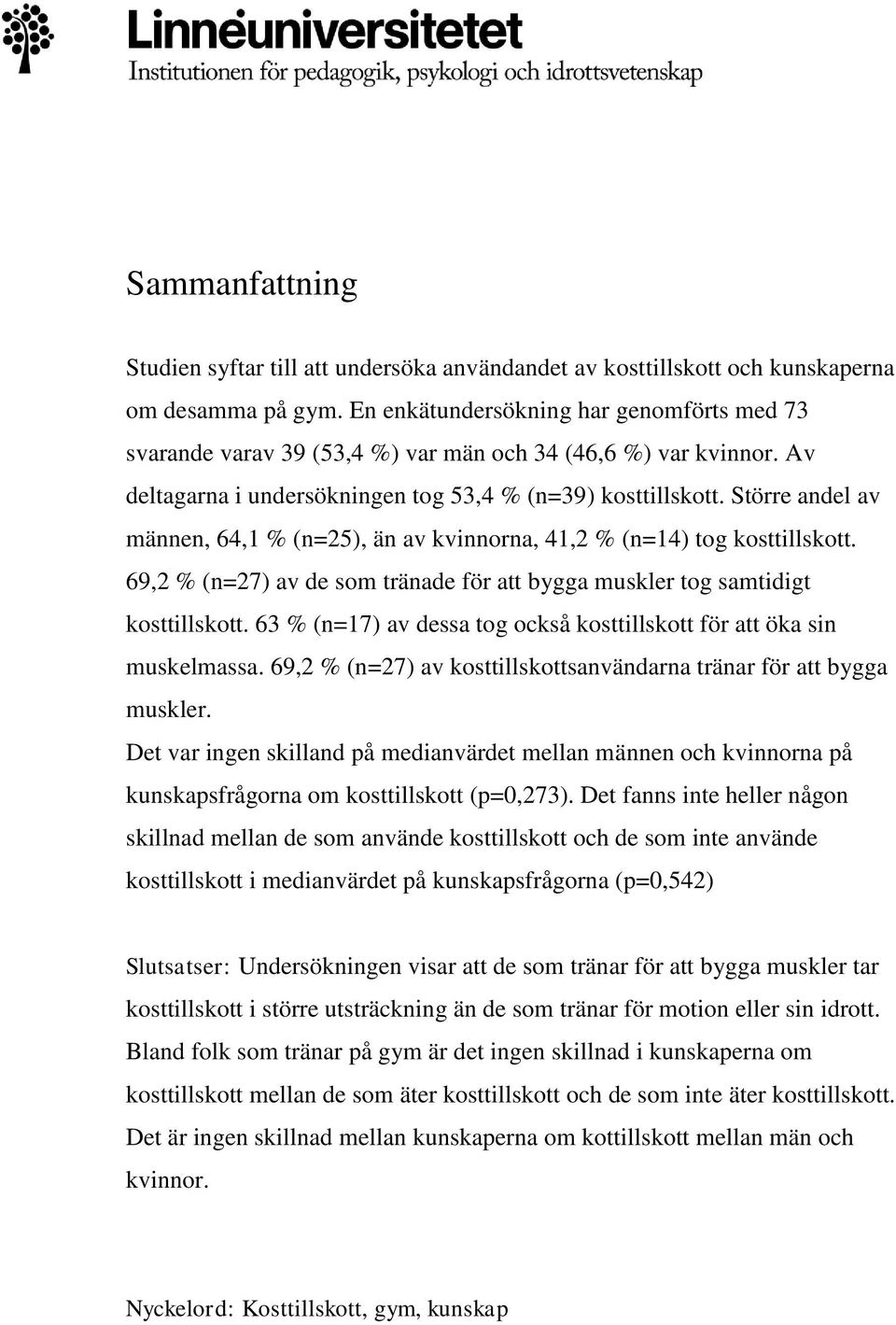 Större andel av männen, 64,1 % (n=25), än av kvinnorna, 41,2 % (n=14) tog kosttillskott. 69,2 % (n=27) av de som tränade för att bygga muskler tog samtidigt kosttillskott.