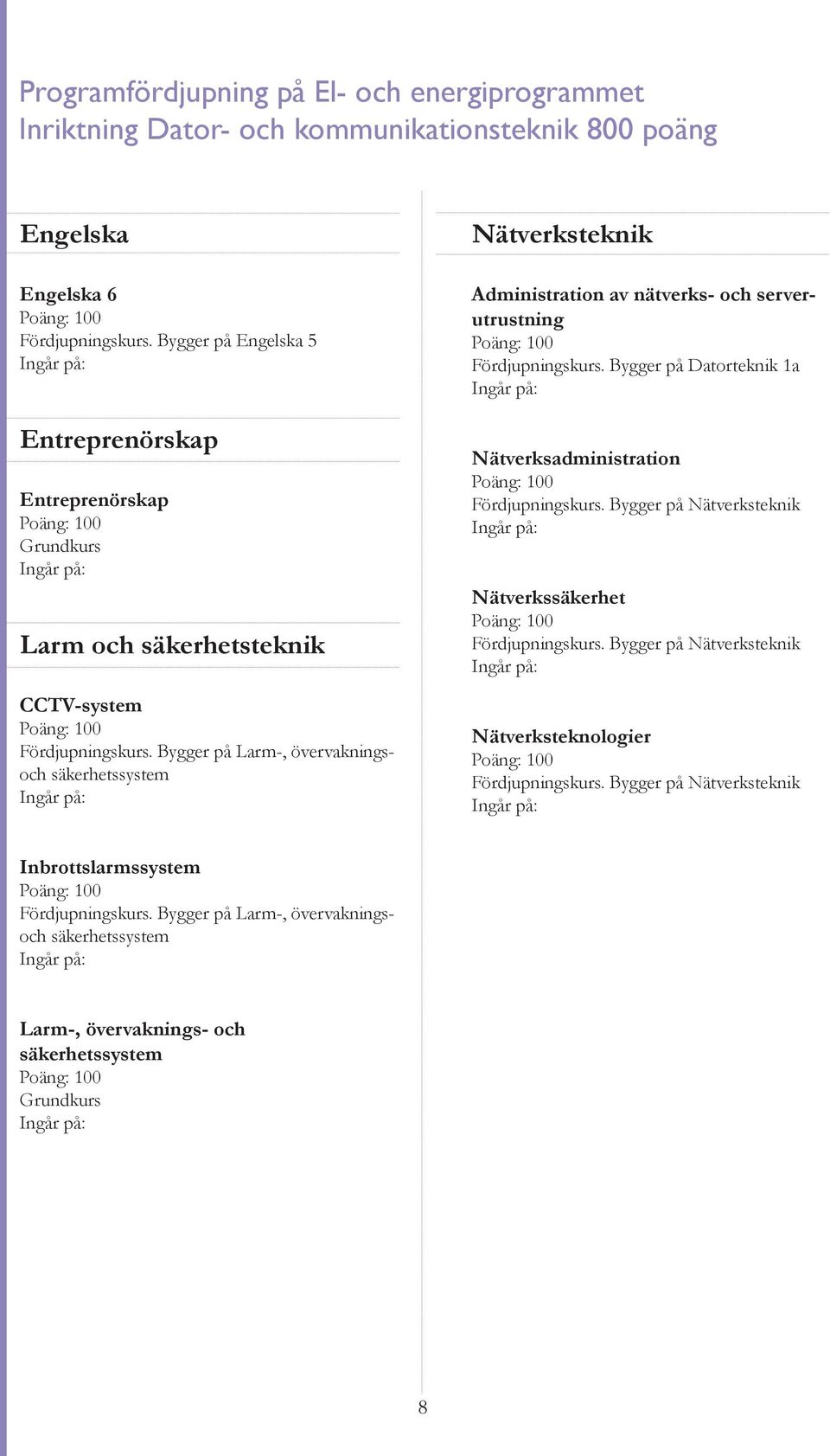 Bygger på Larm-, övervakningsoch säkerhetssystem Nätverksteknik Administration av nätverks- och serverutrustning Fördjupningskurs.