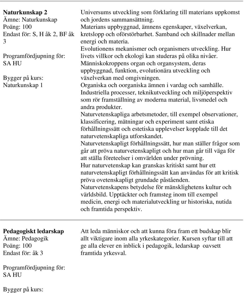 Hur livets villkor och ekologi kan studeras på olika nivåer. Människokroppens organ och organsystem, deras uppbyggnad, funktion, evolutionära utveckling och växelverkan med omgivningen.