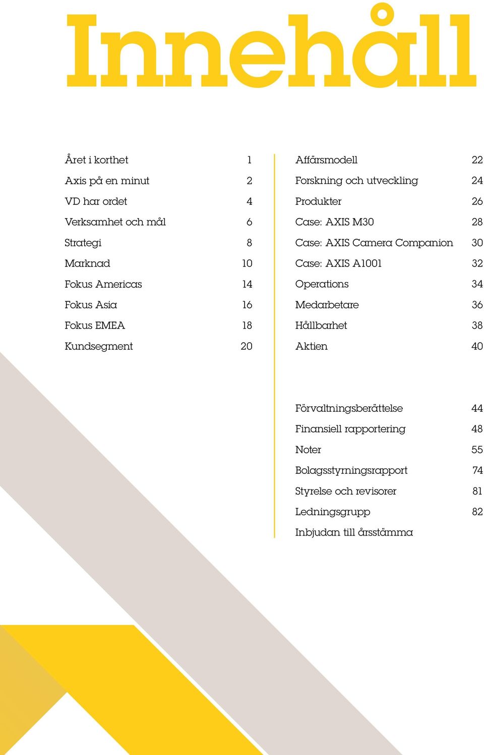 AXIS Camera Companion 30 Case: AXIS A1001 32 Operations 34 Medarbetare 36 Hållbarhet 38 Aktien 40 Förvaltningsberättelse 44