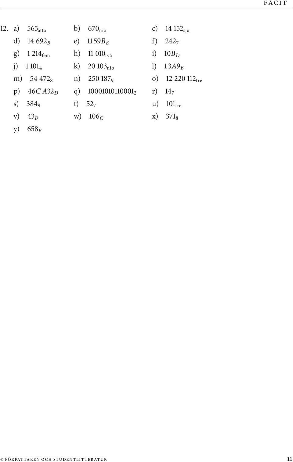 h) 11 010 två i) 10B D j) 1 101 4 k) 20 103 nio l) 1 3A9 B m) 54 472 8 n) 250 187 9