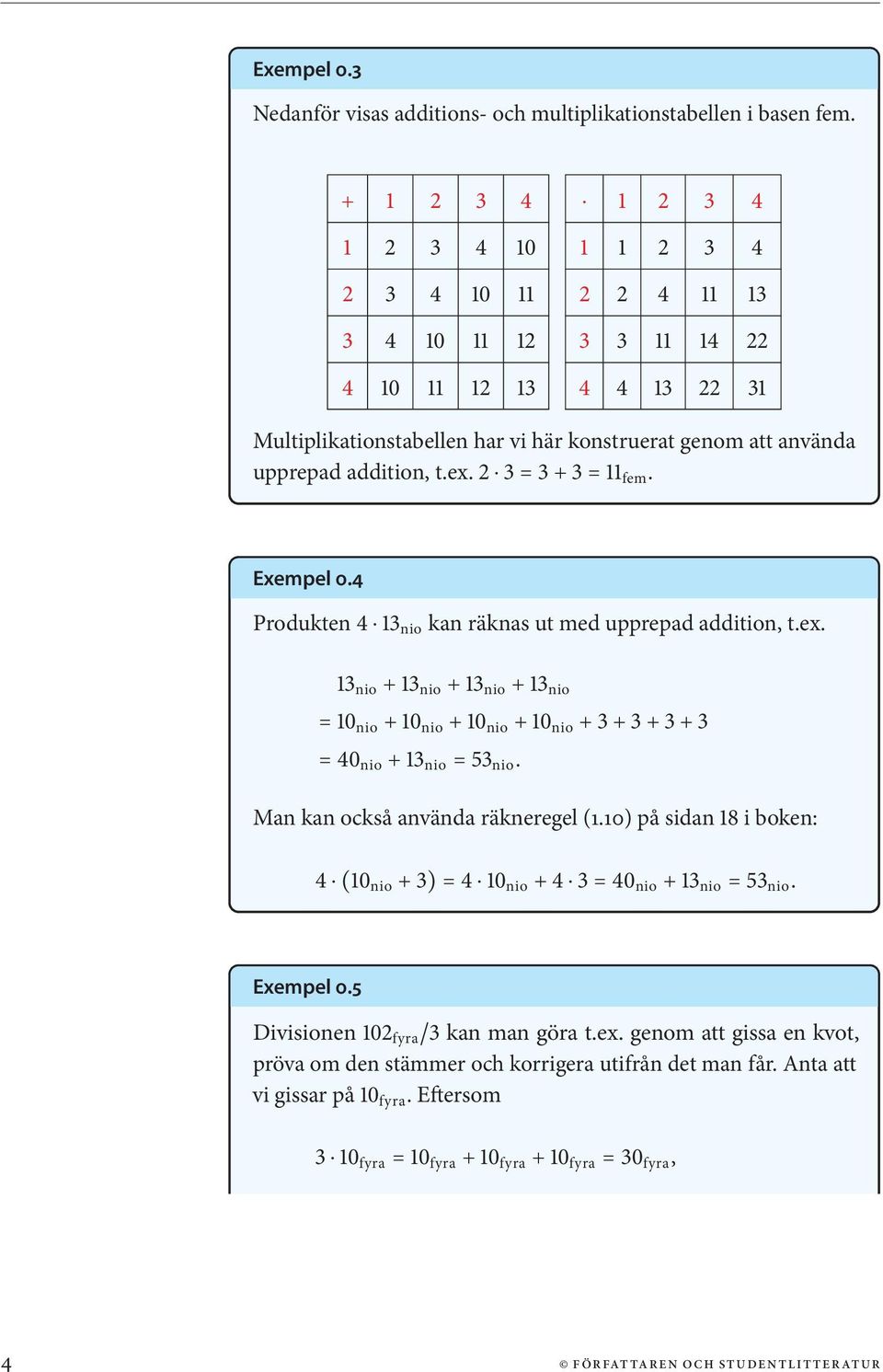 t.ex. 2 3 = 3 + 3 = 11 fem. Exempel 0.4 Produkten 4 13 nio kan räknas ut med upprepad addition, t.ex. 13 nio + 13 nio + 13 nio + 13 nio = 10 nio + 10 nio + 10 nio + 10 nio + 3 + 3 + 3 + 3 = 40 nio + 13 nio = 53 nio.