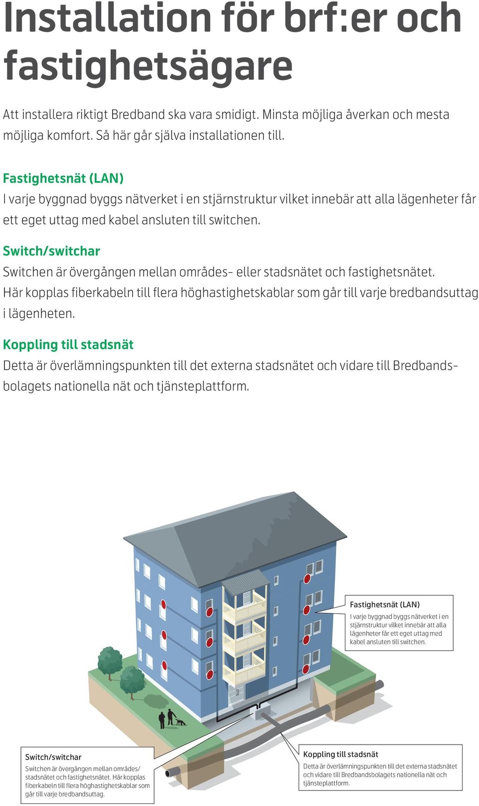 Switch/switchar Switchen är övergången mellan områdes- eller stadsnätet och fastighetsnätet. Här kopplas fiberkabeln till flera höghastighetskablar som går till varje bredbandsuttag i lägenheten.