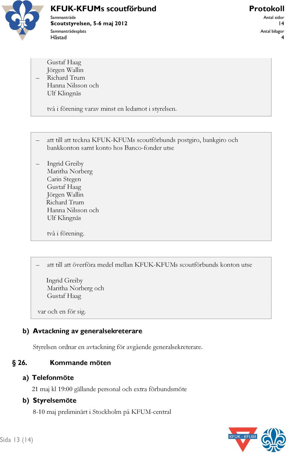 Trum Hanna Nilsson och Ulf Klingnäs två i förening. att till att överföra medel mellan KFUK-KFUMs scoutförbunds konton utse Ingrid Greiby Maritha Norberg och Gustaf Haag var och en för sig.