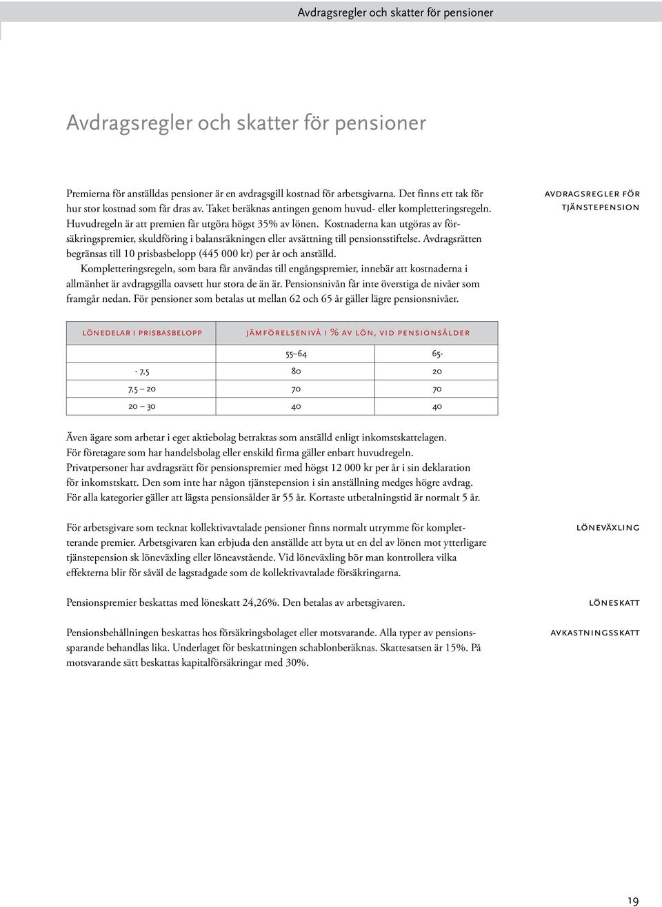 Kostnaderna kan utgöras av försäkringspremier, skuldföring i balansräkningen eller avsättning till pensionsstiftelse. Avdragsrätten begränsas till 10 prisbasbelopp (445 000 kr) per år och anställd.