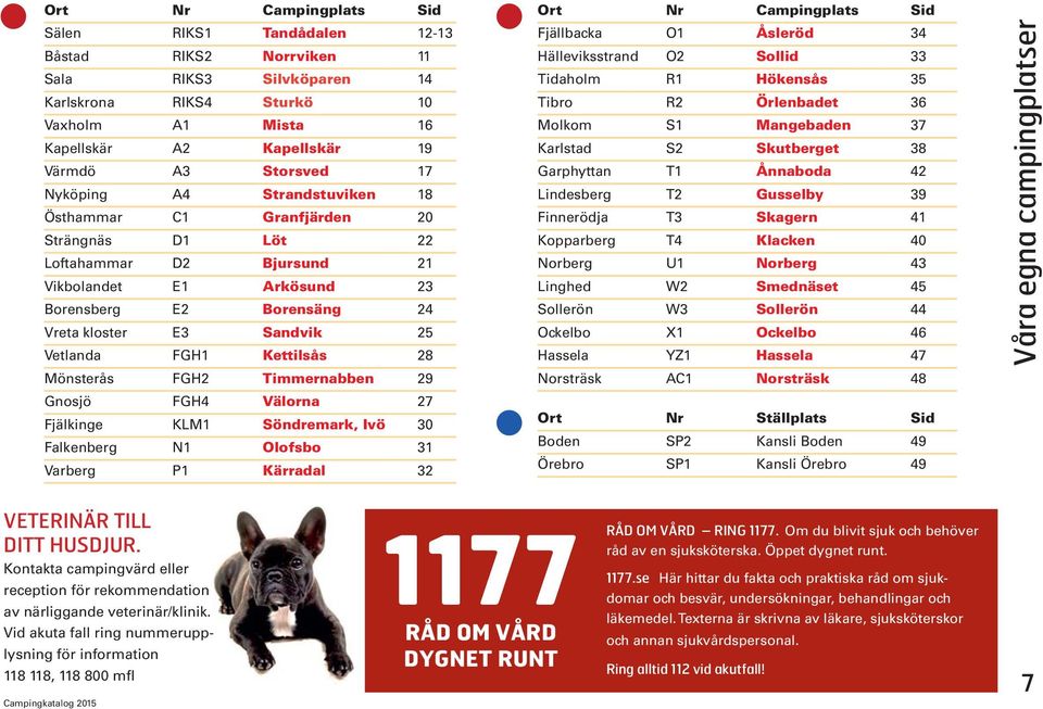 FGH1 Kettilsås 28 Mönsterås FGH2 Timmernabben 29 Gnosjö FGH4 Välorna 27 Fjälkinge KLM1 Söndremark, Ivö 30 Falkenberg N1 Olofsbo 31 Varberg P1 Kärradal 32 Ort Nr Campingplats Sid Fjällbacka O1 Åsleröd