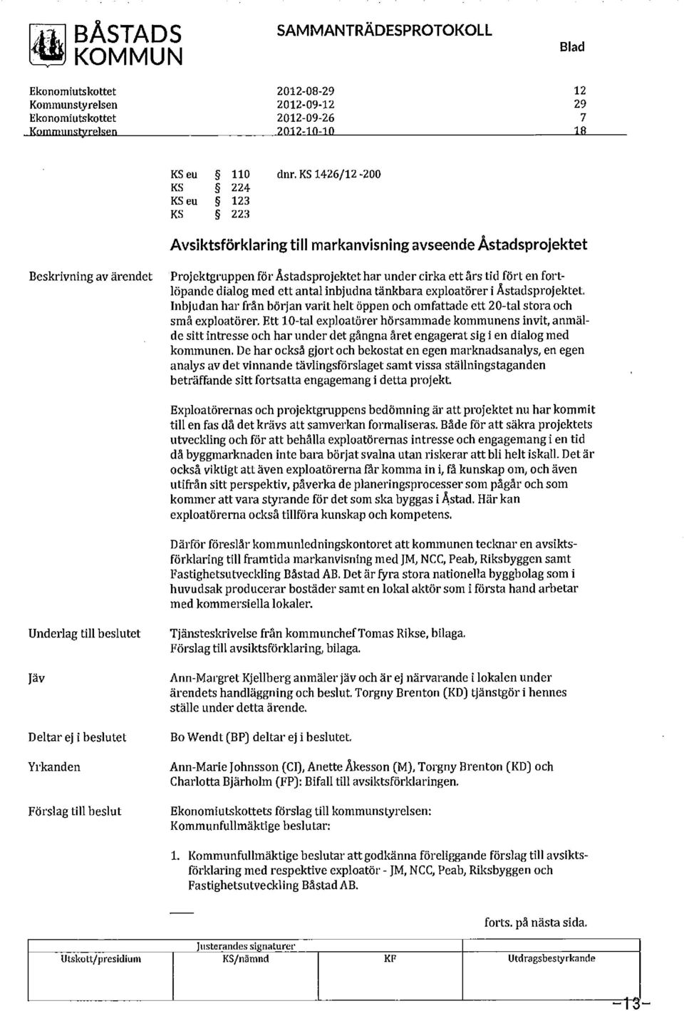 KS 1426/12-200 Avsiktsförklaring till markanvisning avseende Åstadsprojektet Beskrivning av ärendet Projektgruppen för Åstadsprojektet har under cirka ett års tid fört en fortlöpande dialog med ett