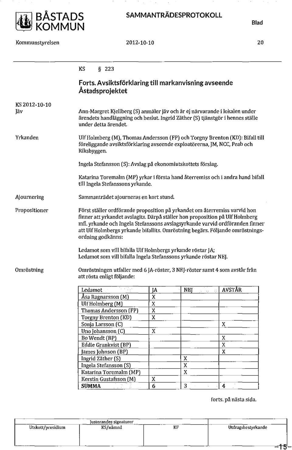 Ingrid Zäther (S) tjänstgör i hennes ställe under detta ärendet Ulf Holmberg (M), Thomas Andersson (FP) och Torgny B renton (KD): Bifall till föreliggande avsiktsförklaring avseende exploatörerna,