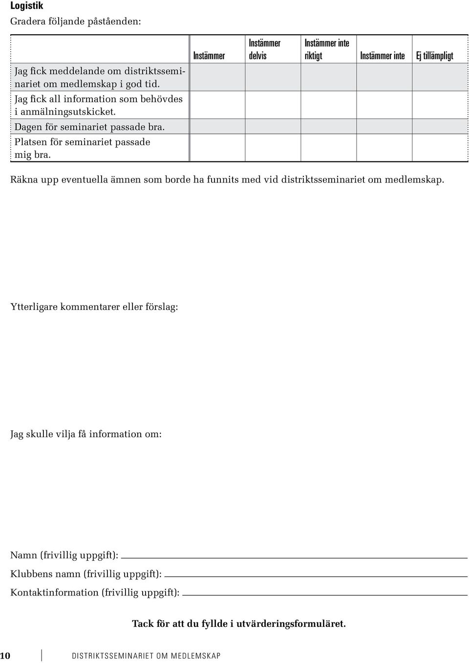 Instämmer Instämmer delvis Instämmer inte riktigt Instämmer inte Ej tillämpligt Räkna upp eventuella ämnen som borde ha funnits med vid distriktsseminariet om