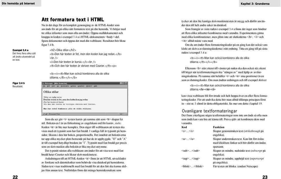 Vi börjar med tre olika stilsorter som man ofta använder. Öppna malldokumentet och knappa in koden i exempel 3.4 a i HTML-dokumentets <body>-del. Spara dokumentet och öppna det med din webläsare.