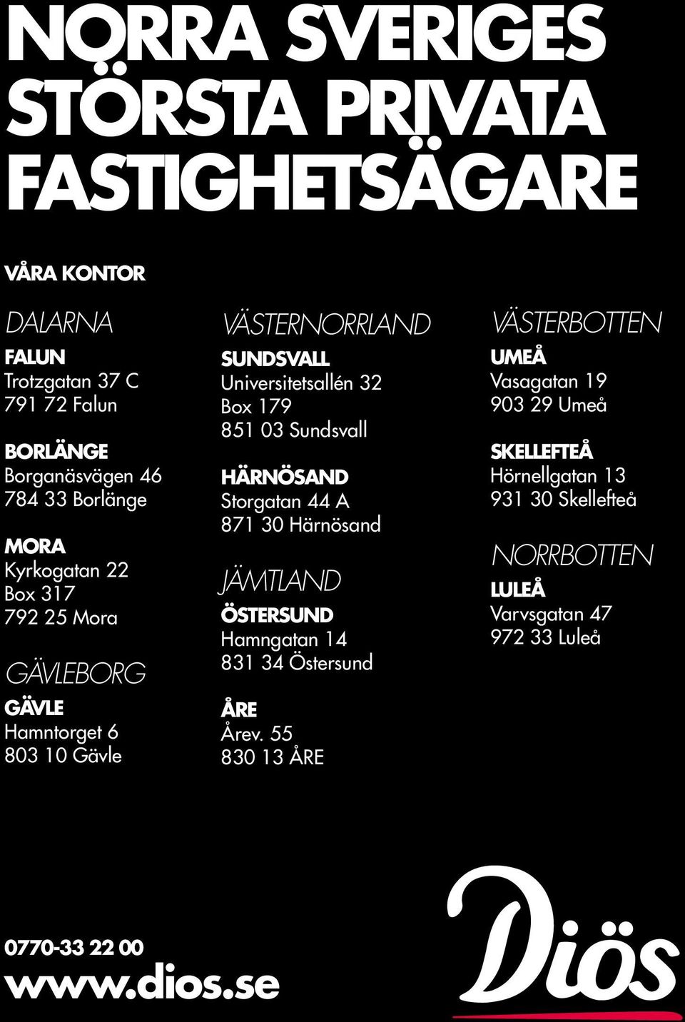 179 851 03 Sundsvall HÄRNÖSAND Storgatan 44 A 871 30 Härnösand jämtland ÖSTERSUND Hamngatan 14 831 34 Östersund ÅRE Årev.