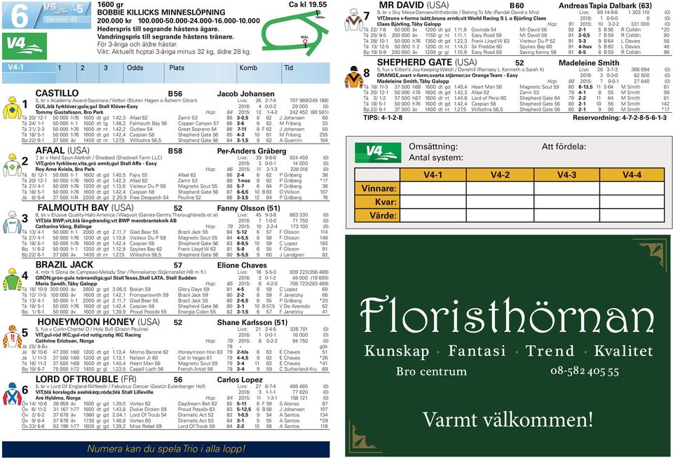 Odds Plats Komb Tid CASTILLO B 6 Jacob Johansen, br v Academy Award-Sayonara / Vettori (Stuteri Hagen o Åsheim Göran) Livs: 6-7- 707 969 (9 88) GUL,blå fyrklöver;gula;gul Stall Klöver-Easy 06: 0-0- 9