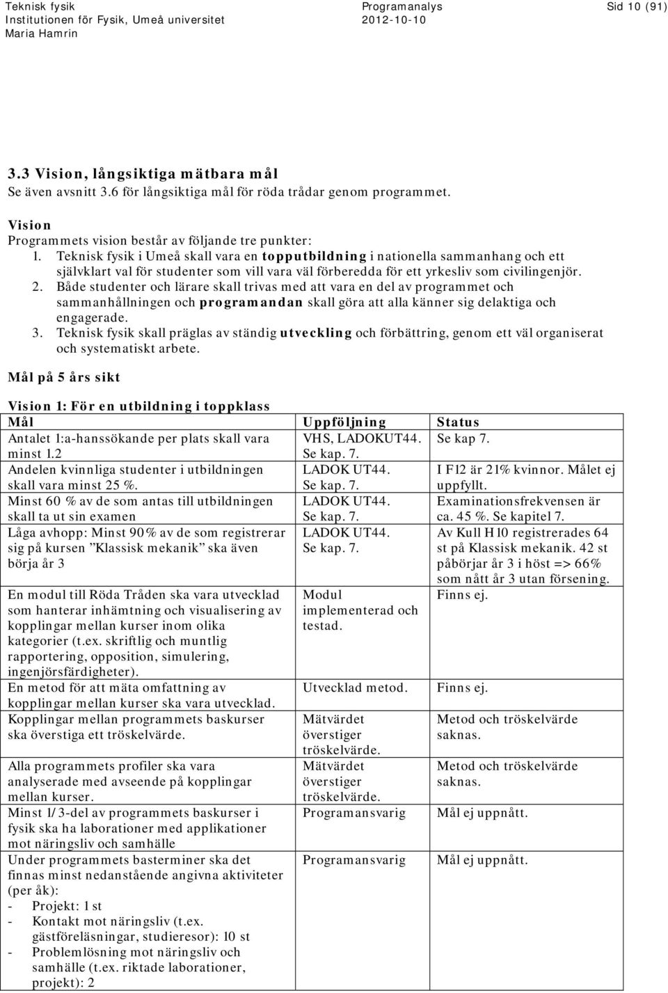 Både studenter och lärare skall trivas med att vara en del av programmet och sammanhållningen och programandan skall göra att alla känner sig delaktiga och engagerade. 3.