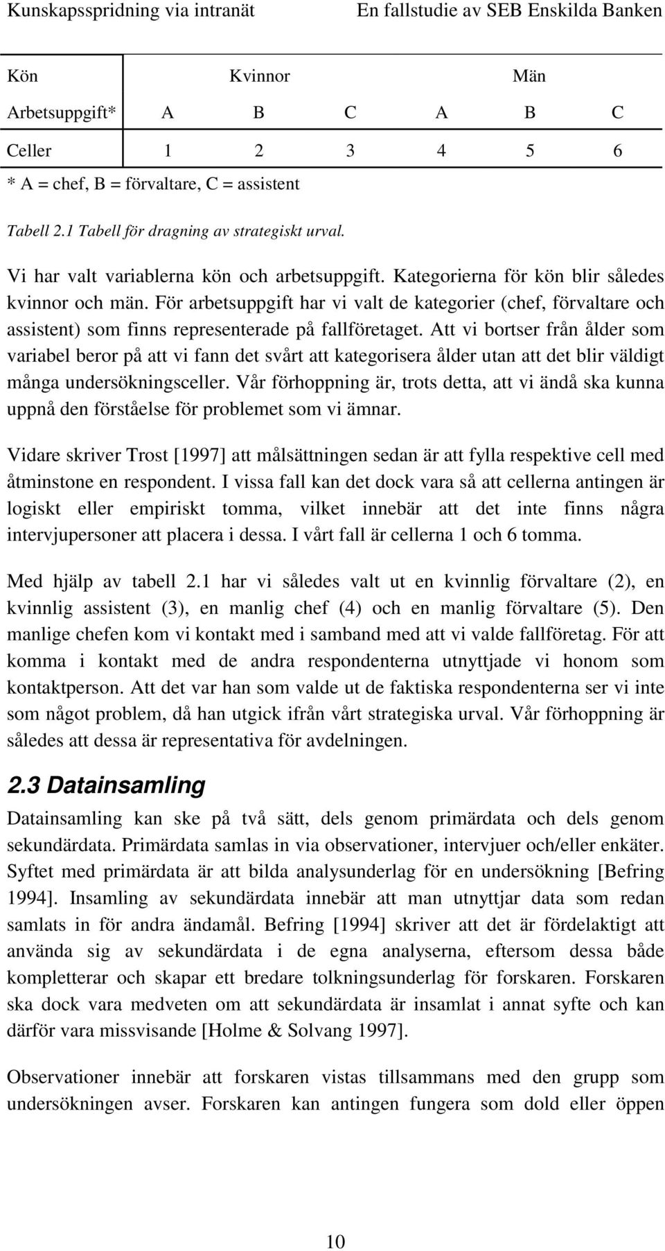 För arbetsuppgift har vi valt de kategorier (chef, förvaltare och assistent) som finns representerade på fallföretaget.