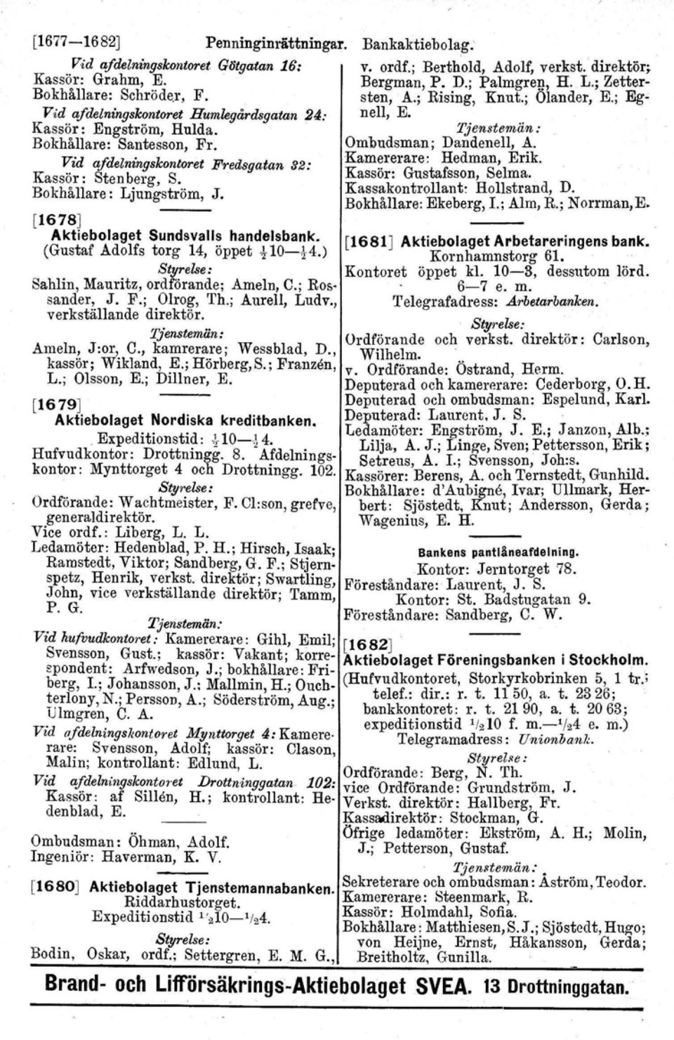 ) Sahlin, Mauritz, ordförande; Ameln, C.; Rossander, J. F.; Olrog, Th.; Aurell, Ludv., verkställande direktör. Tjenstemän: Ameln, J:or, C., kamrerare; Wessblad, D., kassör; Wikland, E.; Hörberg,S.