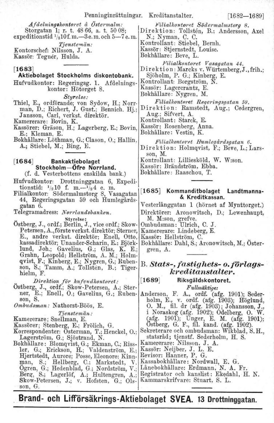 Bokhållare: Beve, L. Filialkontoret Vasaoatasi 44. [1683J Mareks v. Wiirtemberg,J.,frih.; Aktiebolaget Stockholms diskontobank. Sjöholm, P. G.; Kinberg, E. Hufvudkontor: Regeringsg. 1.