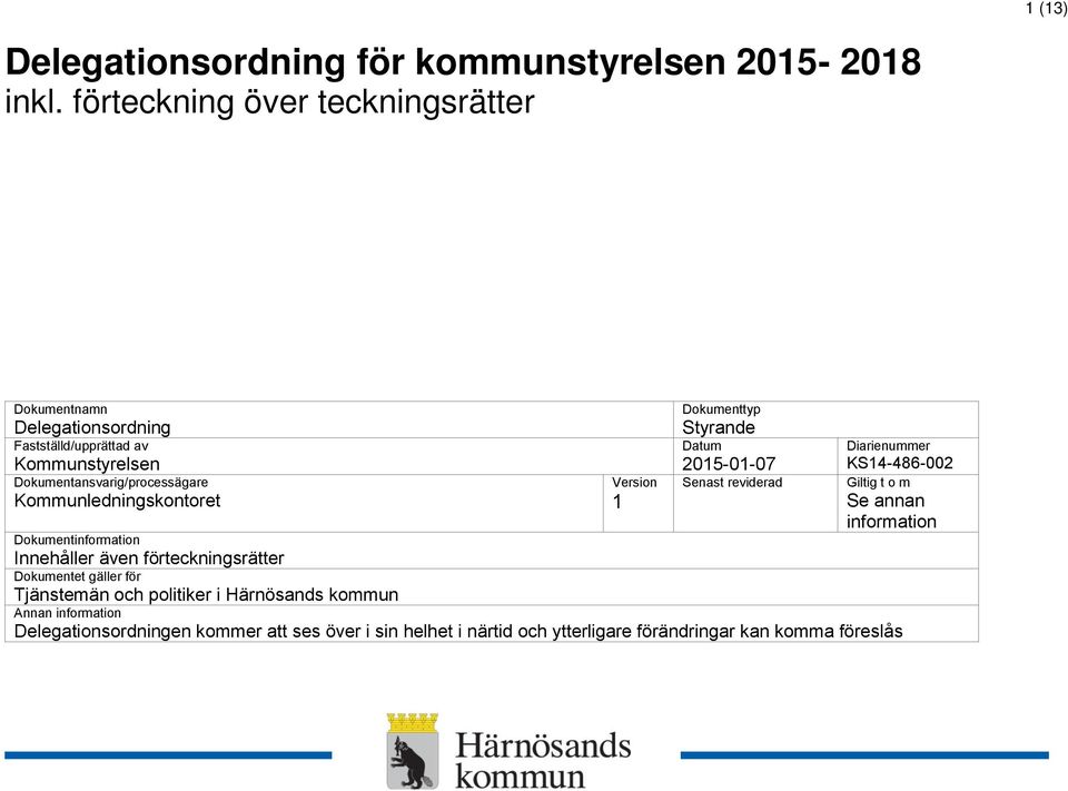 Kommunledningskontoret Version 1 Dokumenttyp Styrande Datum 2015-01-07 Senast reviderad Diarienummer KS14-486-002 Giltig t o m Se annan information