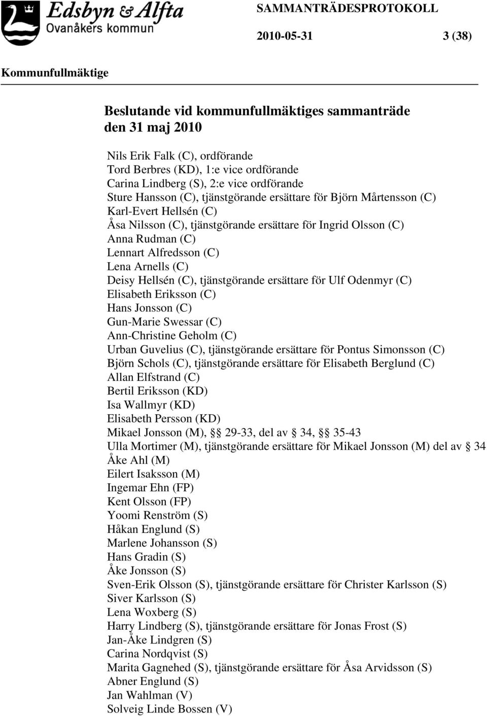 (C) Deisy Hellsén (C), tjänstgörande ersättare för Ulf Odenmyr (C) Elisabeth Eriksson (C) Hans Jonsson (C) Gun-Marie Swessar (C) Ann-Christine Geholm (C) Urban Guvelius (C), tjänstgörande ersättare