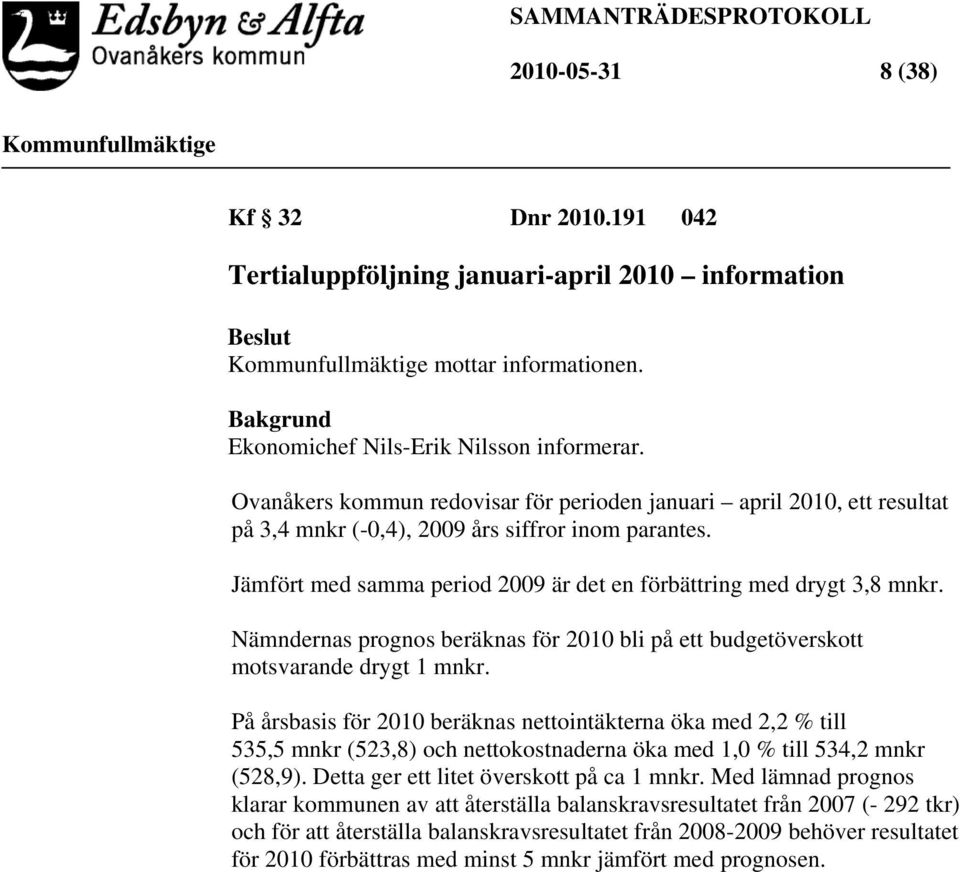 Nämndernas prognos beräknas för 2010 bli på ett budgetöverskott motsvarande drygt 1 mnkr.