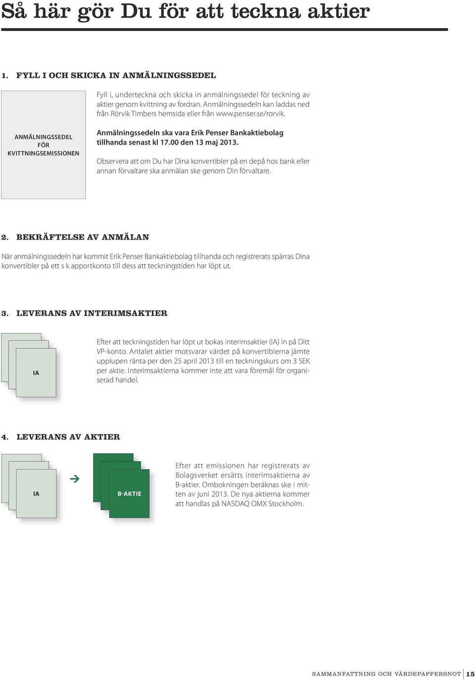 ANMÄLNINGSSEDEL FÖR KVITTNINGSEMISSIONEN Anmälningssedeln ska vara Erik Penser Bankaktiebolag tillhanda senast kl 17.00 den 13 maj 2013.
