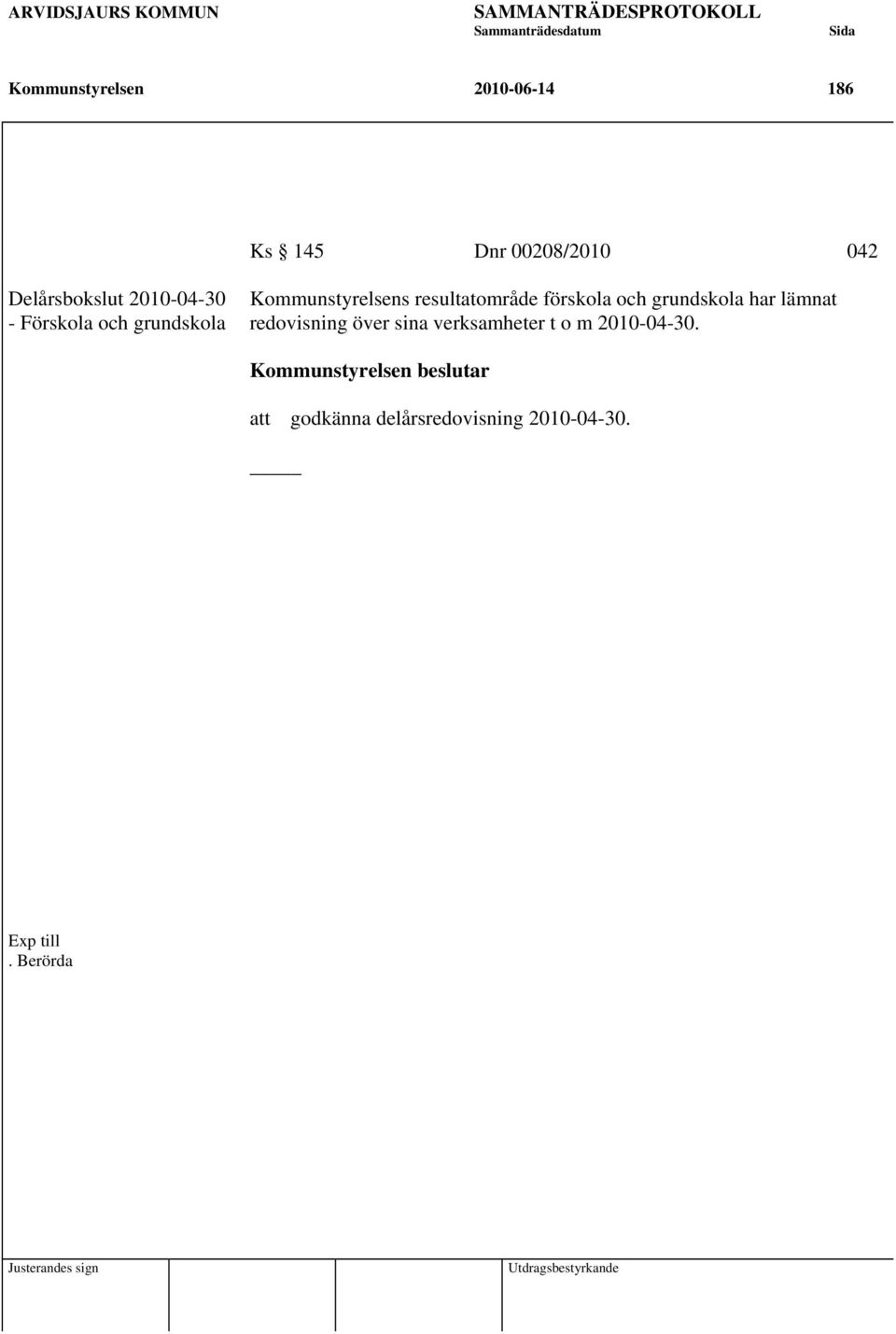 och grundskola har lämnat redovisning över sina verksamheter t o m 2010-04-30.