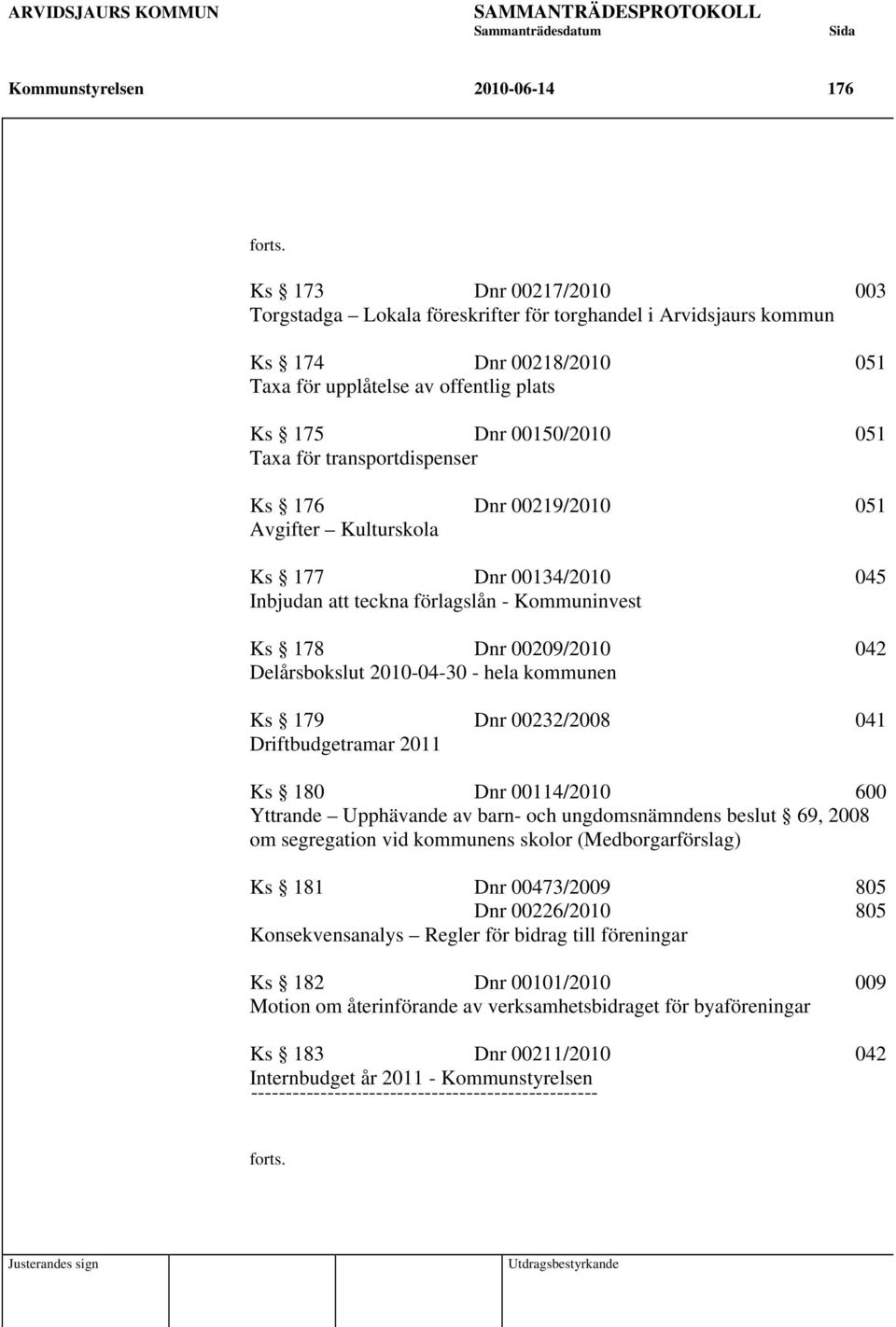 transportdispenser Ks 176 Dnr 00219/2010 051 Avgifter Kulturskola Ks 177 Dnr 00134/2010 045 Inbjudan att teckna förlagslån - Kommuninvest Ks 178 Dnr 00209/2010 042 Delårsbokslut 2010-04-30 - hela