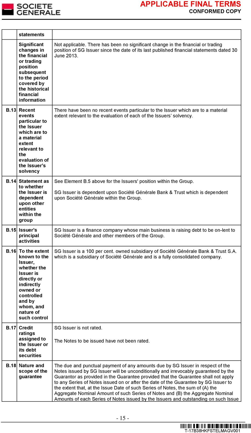 14 Statement as to whether the Issuer is dependent upon other entities within the group B.15 Issuer s principal activities B.