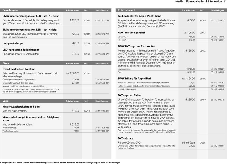 BMW Innerbelysningspaket LED set i 4 delar Bestående av fyra LEDmoduler, lämpliga för användning i all innerbelysning. Halogenläslampa LEDhandlampa, laddningsbar Uppladdningsbar i volts eluttag. 001.