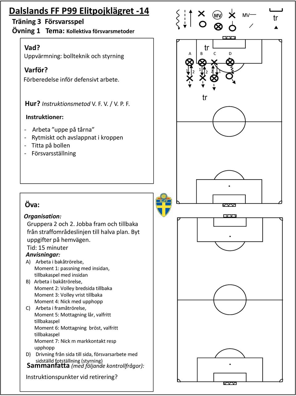 till halva plan Byt uppgifter på hemvägen Tid: minuter A) Arbeta i bakåörelse, Moment : passning med insidan, tillbakaspel med insidan B) Arbeta i bakåörelse, Moment : Volley bredsida tillbaka Moment