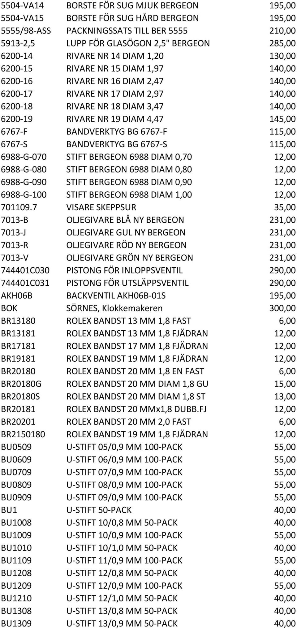 DIAM 4,47 145,00 6767-F BANDVERKTYG BG 6767-F 115,00 6767-S BANDVERKTYG BG 6767-S 115,00 6988-G-070 STIFT BERGEON 6988 DIAM 0,70 12,00 6988-G-080 STIFT BERGEON 6988 DIAM 0,80 12,00 6988-G-090 STIFT