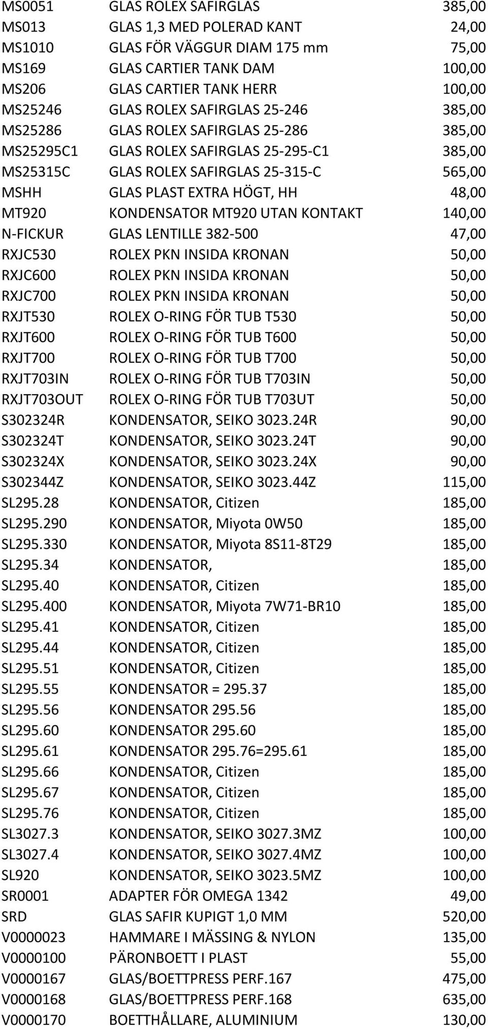 48,00 MT920 KONDENSATOR MT920 UTAN KONTAKT 140,00 N-FICKUR GLAS LENTILLE 382-500 47,00 RXJC530 ROLEX PKN INSIDA KRONAN 50,00 RXJC600 ROLEX PKN INSIDA KRONAN 50,00 RXJC700 ROLEX PKN INSIDA KRONAN