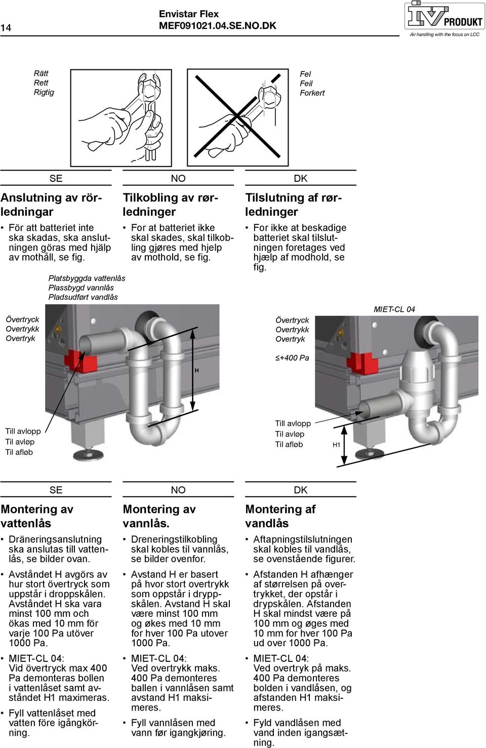 fig. H Tilslutning af rørledninger For ikke at beskadige batteriet skal tilslutningen foretages ved hjælp af modhold, se fig.