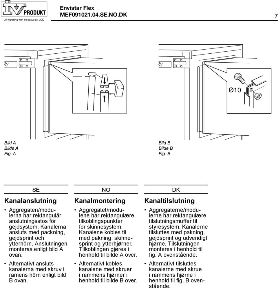 Kanalmontering Aggregatet/modulene har rektangulære tilkoblingspunkter for skinnesystem. Kanalene kobles til med pakning, skinnesprint og ytterhjørner. Tilkoblingen gjøres i henhold til bilde A over.