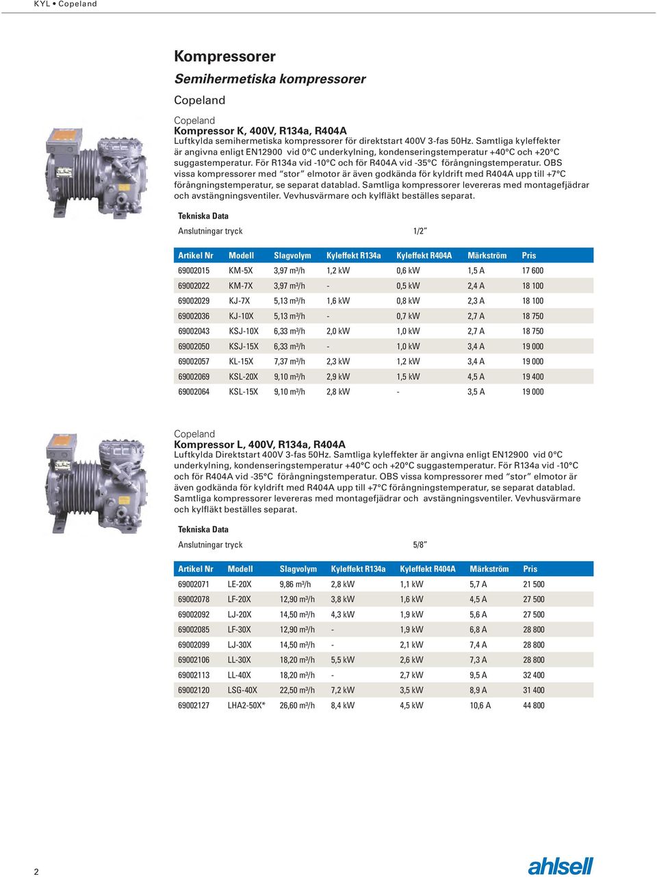OBS vissa kompressorer med stor elmotor är även godkända för kyldrift med R404A upp till +7 C förångningstemperatur, se separat datablad.