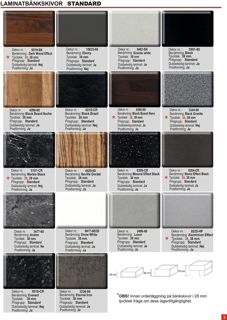 Dubbelsidig laminat: Nej 4420-60 Benämning: Sevilla Gordal 0300-CR Benämning: Mineral Effect Black 3477-60 Benämning: Avalon Dubbelsidig laminat: Ne 9417-60/20 Benämning: Snow White 2486-60