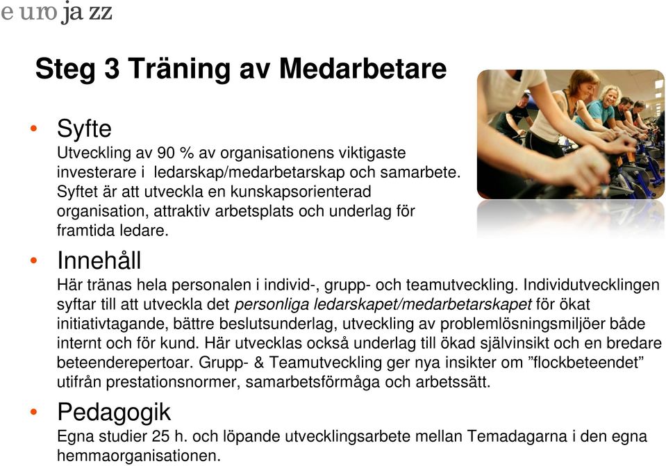 Individutvecklingen syftar till att utveckla det personliga ledarskapet/medarbetarskapet för ökat initiativtagande, bättre beslutsunderlag, utveckling av problemlösningsmiljöer både internt och för