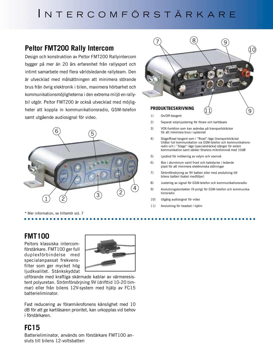 Den är utvecklad med målsättningen att minimera störande brus från övrig elektronik i bilen, maximera hörbarhet och kommunikationsmöjligheterna i den extrema miljö en rallybil utgör.