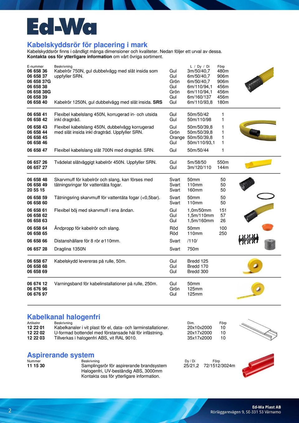 E-nummer Beskrivning L / Dy / Di Förp 06 658 36 Kabelrör 750N, gul dubbelvägg med slät insida som Gul 3m/50/40,7 480m 06 658 37 uppfyller SRN.