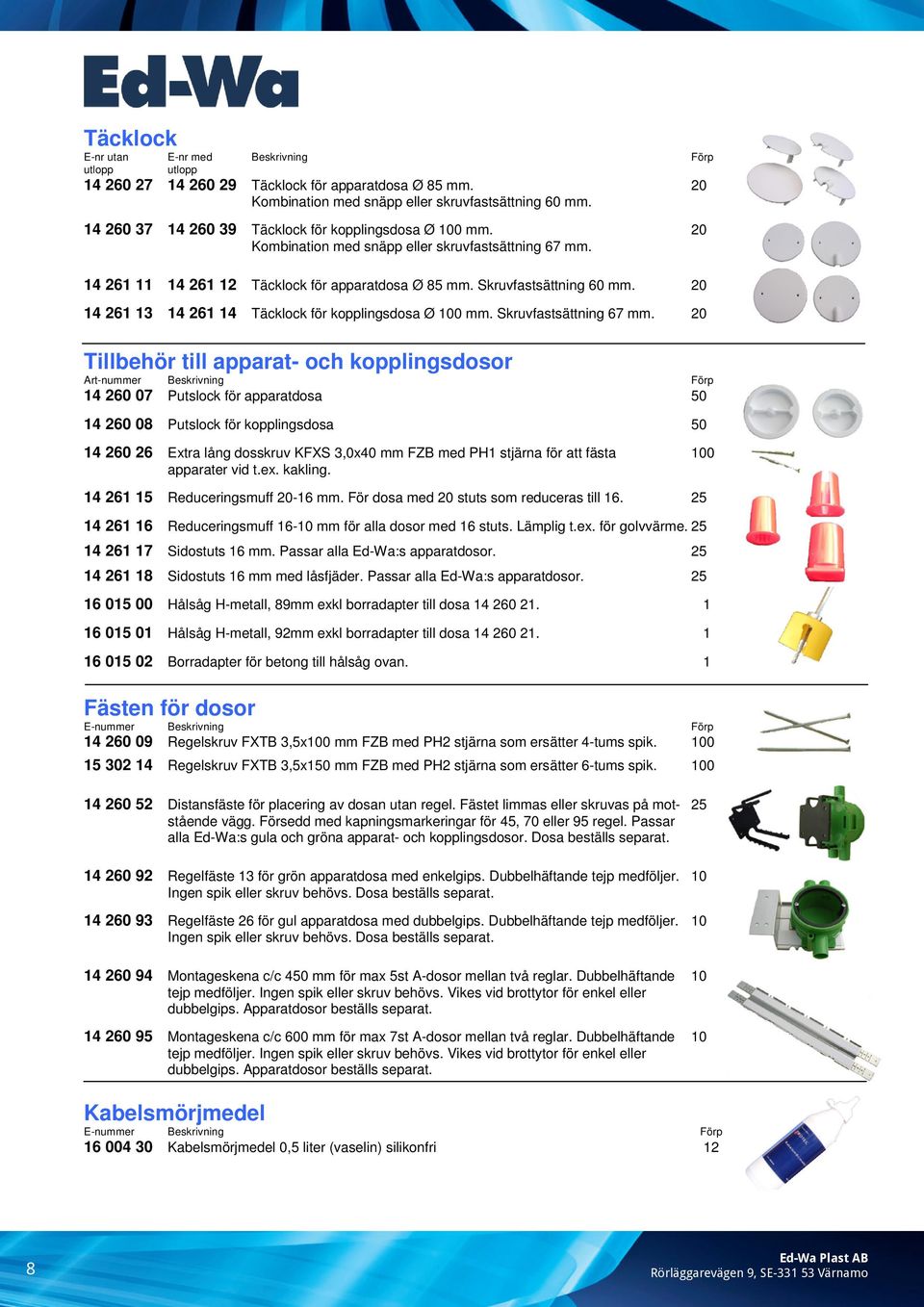 20 4 26 3 4 26 4 Täcklock för kopplingsdosa Ø 00 mm. Skruvfastsättning 67 mm.