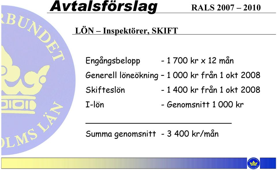 000 kr från 1 okt 2008 Skifteslön - 1 400 kr från 1 okt