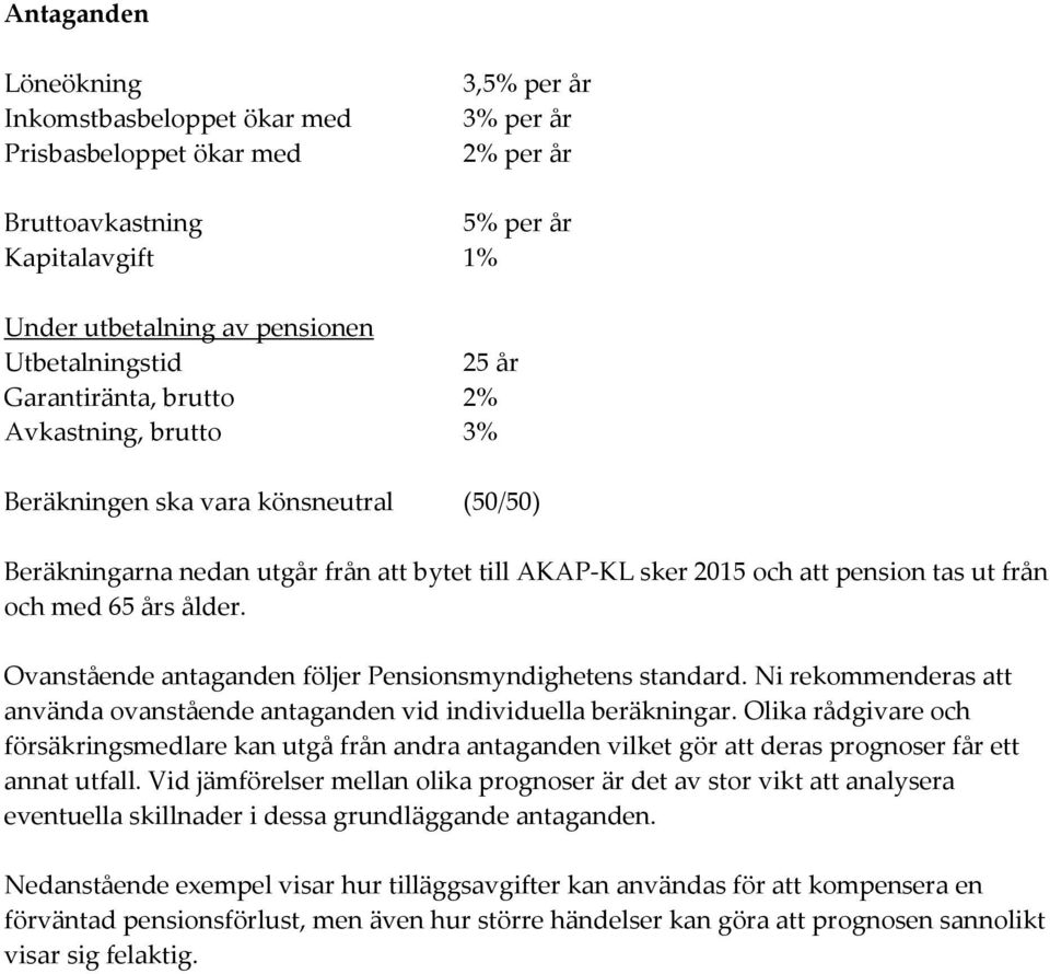 ålder. Ovanstående antaganden följer Pensionsmyndighetens standard. Ni rekommenderas att använda ovanstående antaganden vid individuella beräkningar.