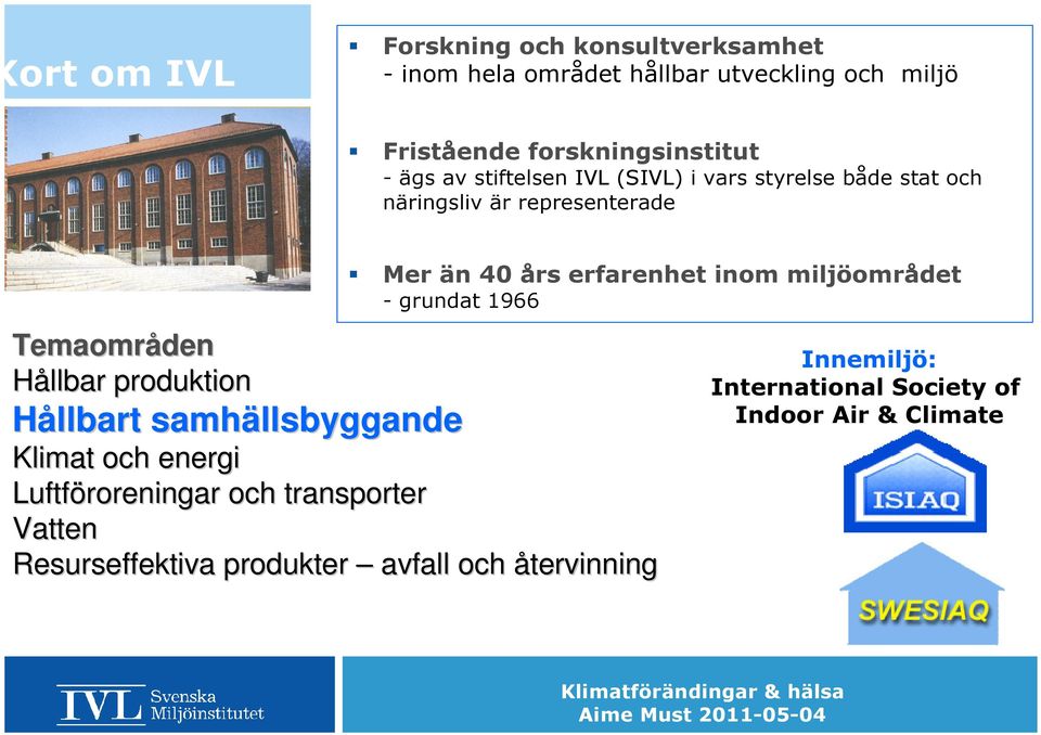 Hållbart samhällsbyggande Mer än 40 års erfarenhet inom miljöområdet - grundat 1966 Klimat och energi Luftföroreningar och