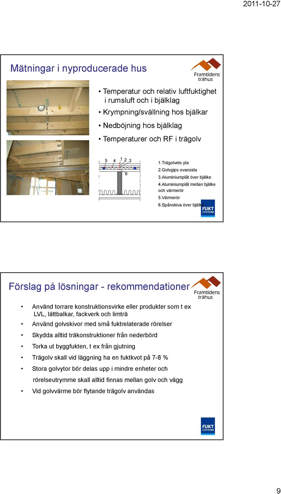 Spånskiva över bjälke Förslag på lösningar - rekommendationer Använd torrare konstruktionsvirke eller produkter som t ex LVL, lättbalkar, fackverk och limträ Använd golvskivor med små fuktrelaterade