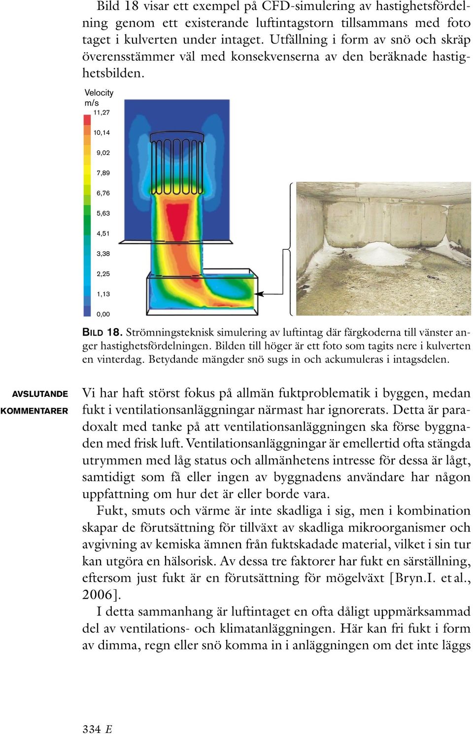 Strömningsteknisk simulering av luftintag där färgkoderna till vänster anger hastighetsfördelningen. Bilden till höger är ett foto som tagits nere i kulverten en vinterdag.