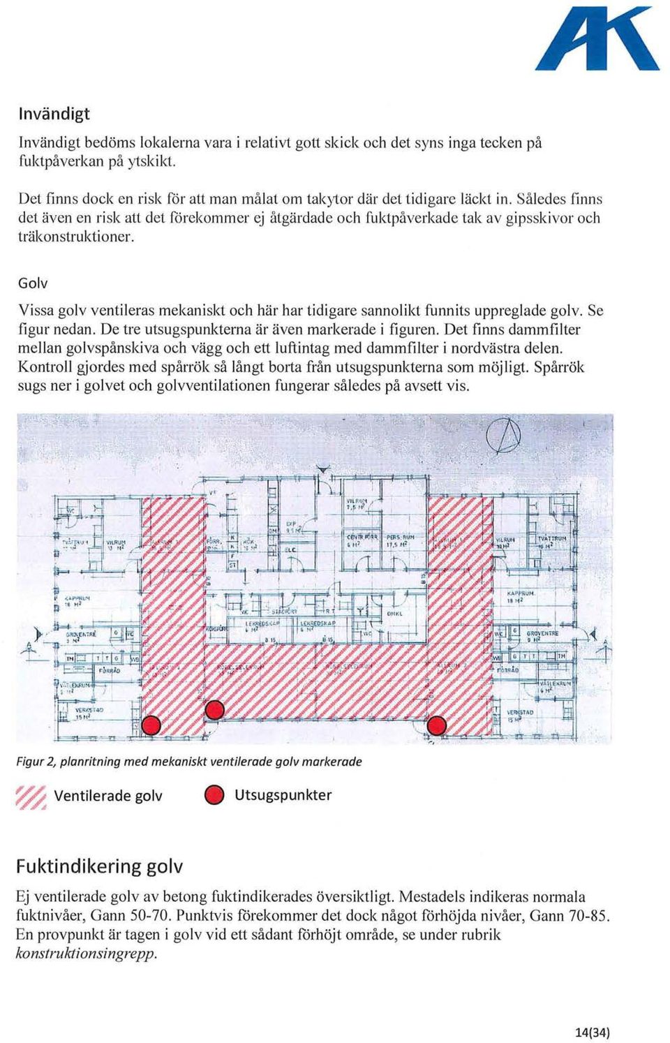 Golv Vissa golv ventileras mekaniskt och här har tidigare sannolikt funnits uppreglade golv. Se figur nedan. De tre utsugspunkterna är även markerade i figuren.