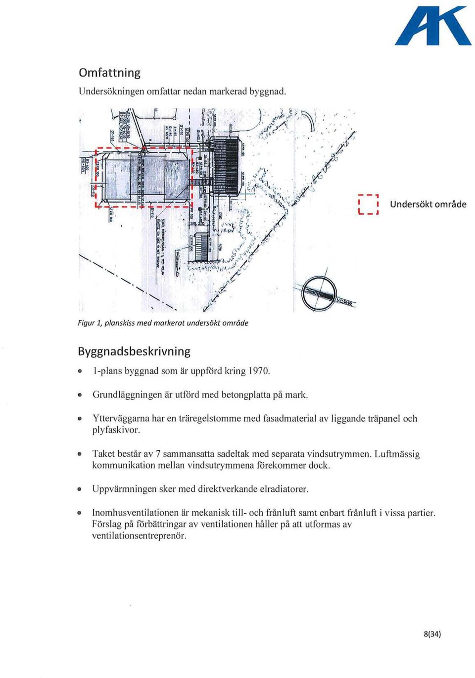 Grundläggningen är utförd med betongplatta på mark. Ytterväggarna har en träregelstomme med fasadmaterial av liggande träpanel och plyfaskivor.