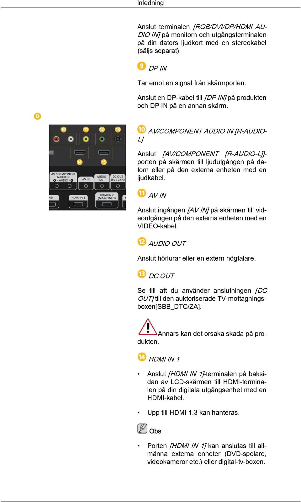 AV/COMPONENT AUDIO IN [R-AUDIO- L] Anslut [AV/COMPONENT [R-AUDIO-L]]- porten på skärmen till ljudutgången på datorn eller på den externa enheten med en ljudkabel.