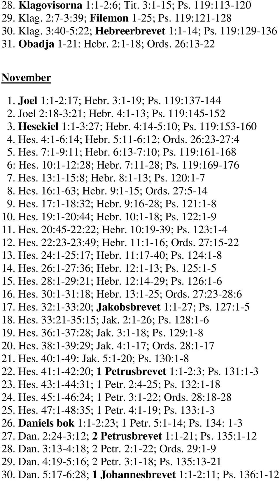 5:11-6:12; Ords. 26:23-27:4 5. Hes. 7:1-9:11; Hebr. 6:13-7:10; Ps. 119:161-168 6: Hes. 10:1-12:28; Hebr. 7:11-28; Ps. 119:169-176 7. Hes. 13:1-15:8; Hebr. 8:1-13; Ps. 120:1-7 8. Hes. 16:1-63; Hebr.