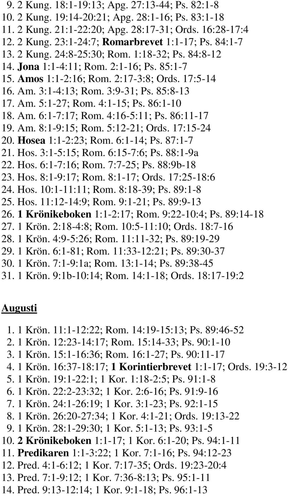 4:1-15; Ps. 86:1-10 18. Am. 6:1-7:17; Rom. 4:16-5:11; Ps. 86:11-17 19. Am. 8:1-9:15; Rom. 5:12-21; Ords. 17:15-24 20. Hosea 1:1-2:23; Rom. 6:1-14; Ps. 87:1-7 21. Hos. 3:1-5:15; Rom. 6:15-7:6; Ps.