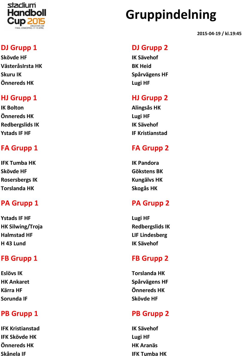 19:45 IFK Tumba HK Rosersbergs IK Torslanda HK IK Pandora Gökstens BK Kungälvs HK Skogås HK PA Grupp 1 PA Grupp 2 Ystads IF HF HK Silwing/Troja